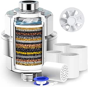 20-Stage Shower Head Filter-Shower Head Filter for Hard Water, with 5 Replaceable Filter Cartridges, High Output Shower Water Filter for Removing Chlorine and fluoride, Polished Chrome