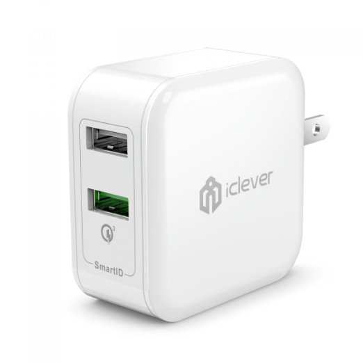 iClever BoostCube 30W Dual USB Wall Charger with Foldable Plug (Qualcomm Quick Charge 3.0 and SmartID Tech) for Galaxy S7 S6 Edge, Note 5 4, iPhone SE 6S 6 Plus, iPad, LG G5, HTC 10, Nexus and More
