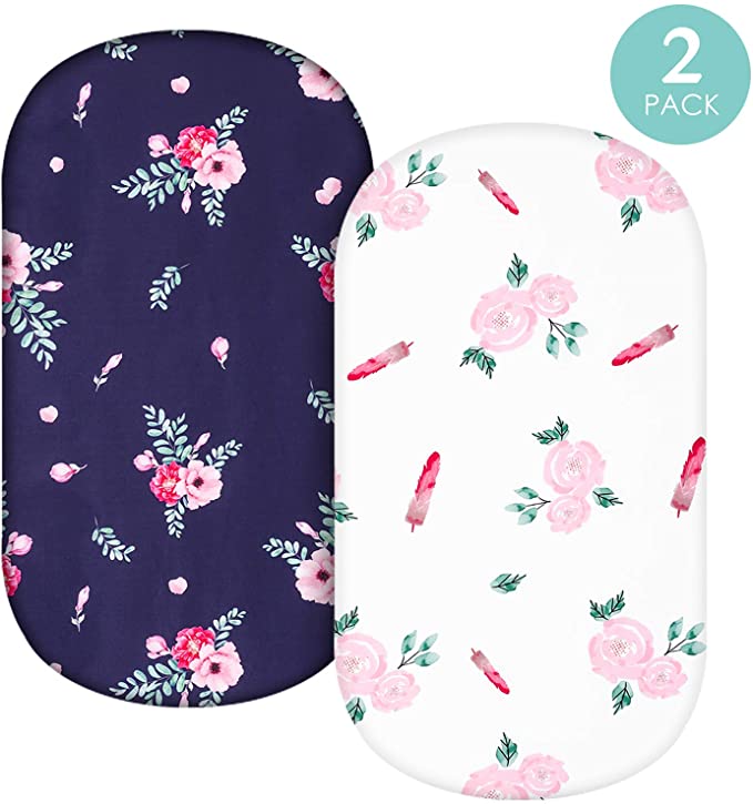 TILLYOU Microfiber Floral Bassinet Sheets for Girls, 32''x16'' Flexible for Different Cradle and Bassinet Mattress, Silky Soft Breathable Cozy Baby Cradle Sheets, 2 Pack Navy & Rose Floral