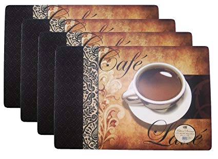 Set of 4 Coffee Pattern Fashion Placemats Durable Foam Backing Ease Care Wipe Clean Table Place Mat Set 12" X 18"
