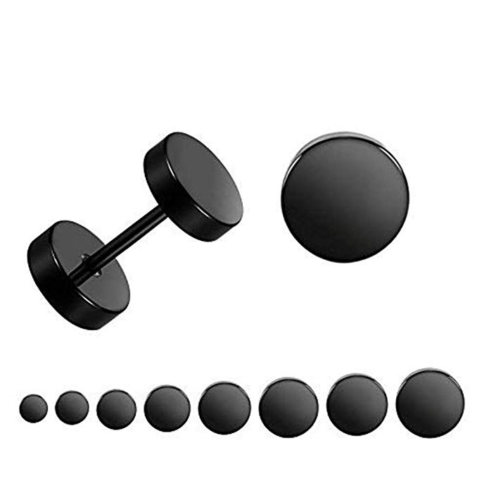 LOLIAS Black Stud Earrings for Men Flat Back Gauge Earring Set