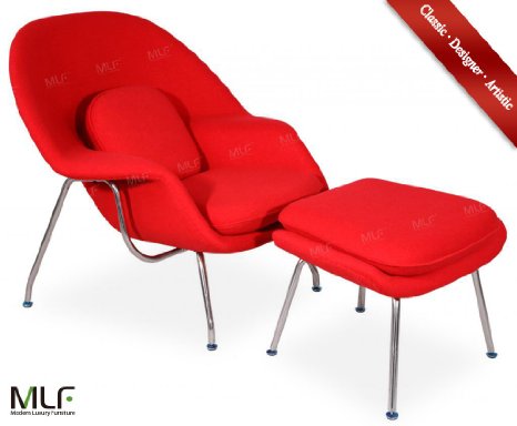 MLF® Eero Saarinen Womb Chair & Ottoman (8 Colors). Premium Cashmere & High Density Foam Cover on Fiberglass. High Polished Stainless Steel. All Hand Sewn. Mid-Century Scandinavian Organic Modernism Style. Curl Up & Relax in Comfort.(Red)