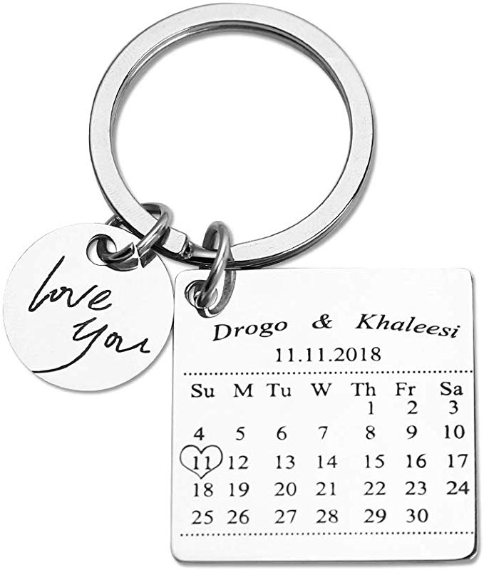 Personalized Special Date Calendar Keychain - Customized Stainless Steel Key Chain with Date and Name Carving, Creative Gifts for Lover (Silver-1)
