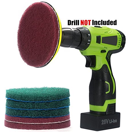 Kichwit 5 Inch Drill Powered Scrubber Scouring Pads Cleaning Kit, 2 Different Stiffness, 5-Inch Disc Pad Holder with 6 Scrubbing Pads, Cleans Large Flat Areas Perfectly
