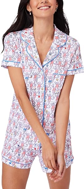 Womens Cute Monkey Pajama Set Preppy Pjs Shorts Y2k Floral 2 Piece Matching Pj Set Short Sleeve Pajama Shirts Sets