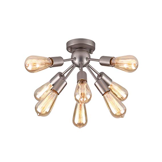 mirrea Mid-century Semi-flush Mount Sputnik Ceiling Light with 8 Lights for Foyer Entry Way Hallway Kitchen Dining Room Small Bedroom Living Room Brushed Nickel Metal Fixture Dimmable with Edison Bulb