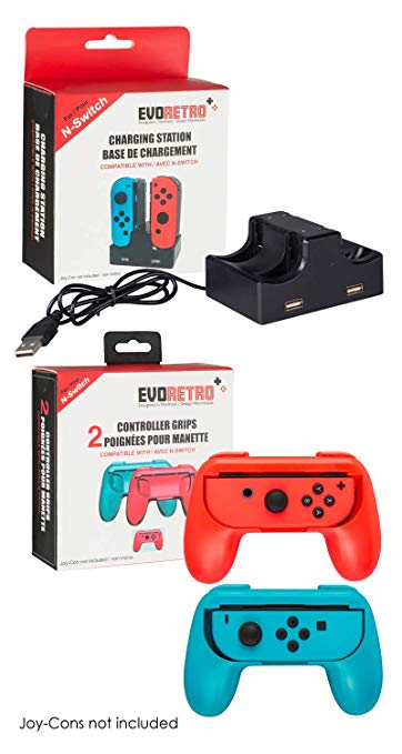 Switch Accessories Joy-Con Charging Dock - 4-in-1 Controller Holder Station with 2 Black Grips by EVORETRO