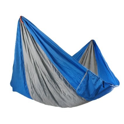 Yosoo(TM) Double Hammock - Lightweight Indoor and Outdoor Nylon Parachute Hammocks for Camping, Backpacking & Travel. Tree Ropes Included (blue & gray)