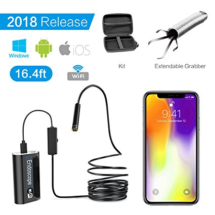 Wireless Endoscope kit Waterproof Borescope WiFi Digital Inspection Camera with 24” Grabber Pick-up Tool 4 Finger Claw 720P 2MP Snake Camera for Android iPhone/iPad/Samsung/Tablet - Black(16.4 FT) 5M