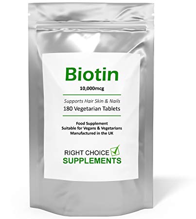 Biotin 10,000mcg - 180 Tablets / 6 Month Supply Double Strength - Supports The Growth & Maintenance of Healthy Hair Nails & Skin for Women and Men