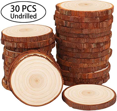 Fuyit Natural Wood Slices 30 Pcs 2.4-2.8 Inches Unfinished Wood Craft Kit Undrilled Wooden Circles Without Hole Tree Slice with Bark for Arts Painting Christmas Ornaments DIY Crafts