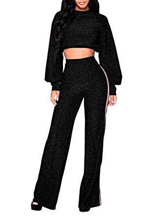 Pink Queen Women's Puff Sleeve Crop Top Palazzo Pant 2 Piece Outfits