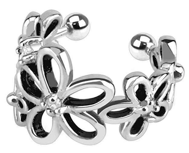 Ear cuff clip on non pierced ears earring Flower with Clear CZ Rhodium Plated Brass