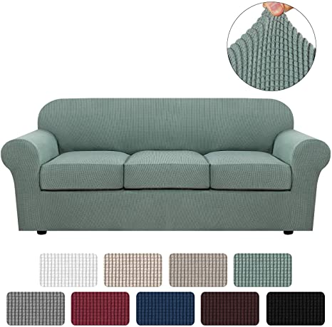 H.VERSAILTEX 4 Piece Stretch Sofa Covers for 3 Cushion Couch Covers for Living Room Furniture Slipcovers (Base Cover Plus 3 Seat Cushion Covers) Feature Upgraded Thicker Jacquard Fabric (Sofa, Sage)