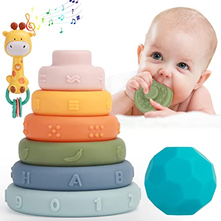 Thinkmax 6 PCS Baby Stacking Nesting Toys, 1 PCS Sensory Ball & Baby Rattle Music Appease Toys, Montessori Sensory Toys with Letter for Babies Newborn 0 3 4 5 6 12 18 Months 1 Year Old Girls Boys