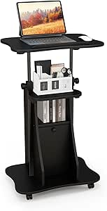 Giantex Mobile Podium Stand, Sit-to-Stand Laptop Cart with Tilting Tabletop & Storage Cabinet, Lockable Casters, Height-adjustable Rolling Lectern for Classroom, Church, Home Office (Black, 1 Pack)