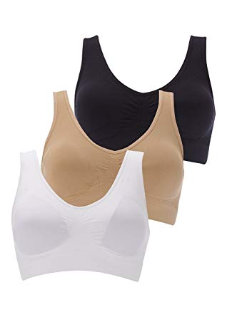 BOOLAVARD® Set of 3 Comfort Sports Bra: Form Bustier Top Without Wires, Seamless, Breathable - White, Black Skin