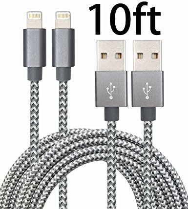 GOLDEN-NOOB 2Pack 10FT Nylon Braided Popular Lightning Cable 8Pin to USB Charging Cable Cord with Aluminum Heads for iPhone 6/6s/6 Plus/6s Plus/5/5c/5s/SE,iPad iPod Nano iPod Touch(Gray)