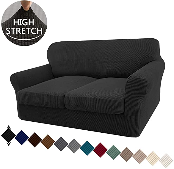 Granbest 3 Piece High Stretch Couch Covers Loveseat Slipcover Super Soft Sofa Cover Form Fit Non-Slip Furniture Protector with Individual Cushion Covers (Medium, Black)
