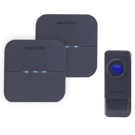 Sunvito Portable Wireless Doorbell Kits,Over 900-feet Range with 52 Chimes/4 Volume Levels with LED Indicator,IP44 Waterproof,No Batteries Required for Receivers(1 Push Button with 2 Receivers)