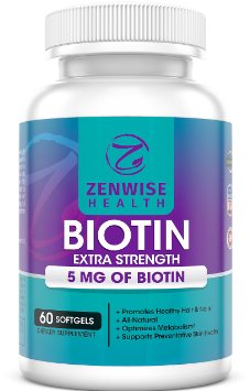 Biotin Softgels With 5000 MCG - Vitamin B7 for Hair Growth  Healthy Skin and Nails - Best Extra Strength B-Complex Supplement - For Maximum Energy and Metabolism - 60 Count - Zenwise Health