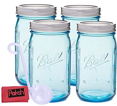 Beautiful Blue Mason Jars with Lids 32 oz. Wide Mouth Quart Size [4 Pack] Glass Canning Jars for Canning & Storage, Crafts & Décor - Bundled with Ladle & Cloth