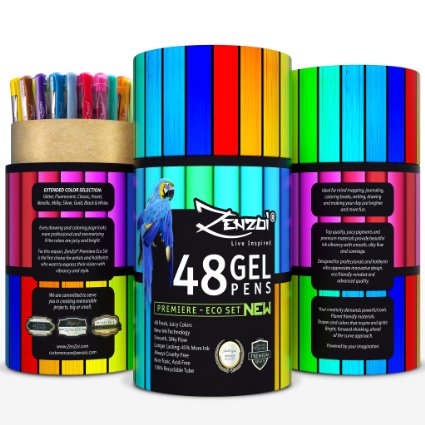 Gel Pens 48 Ink Colors Pen Set with Case - Perfect for Adult Coloring Books Sketching Drawing Painting Writing - FREE Extra Gift (Ebook), Best Large Color Selection Glitter Metallic Classic Neon Milky