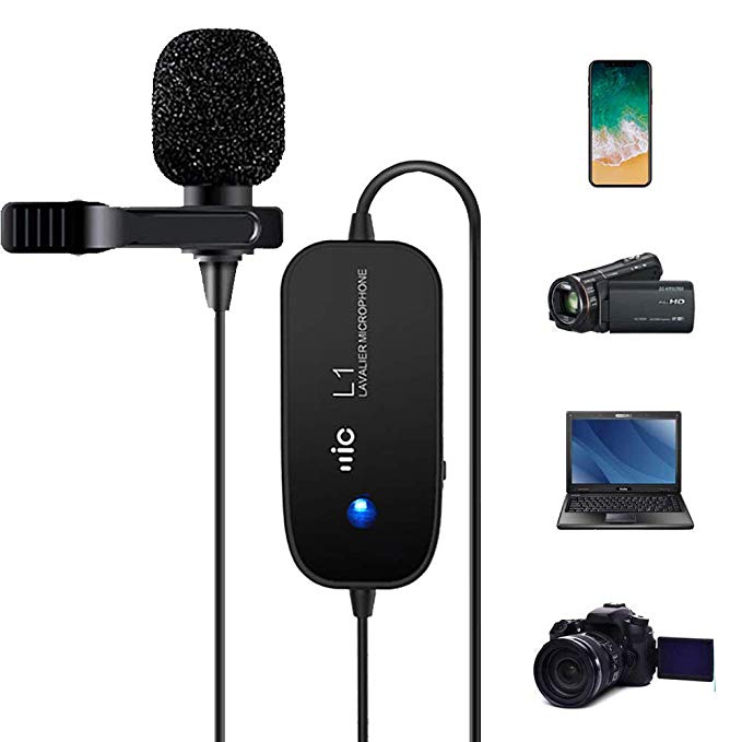 Rechargeable Lavalier Microphone, Champhox MK01 Hands Free Shirt Clip-on Lapel Recording Condenser Mic for DSLR Cameras, ASMR YouTube, Dictation, Smartphone, iPhone, Android, PC, Laptop (236in/20ft)
