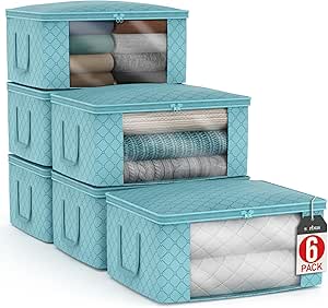 Sorbus Medium Clothes Storage Bags - Foldable Blanket Storage Bins for Organizing Bedroom, Closet, Clothing, Comforter, Organization with Clear Window, Lids and Carry Handles - Set of 6