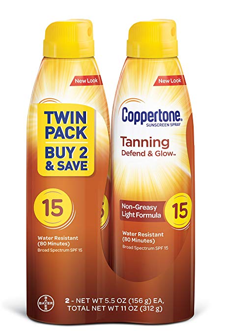 Coppertone Tanning Defend & Glow Sunscreen Continuous Spray Broad Spectrum with SPF 15, 11 Ounce