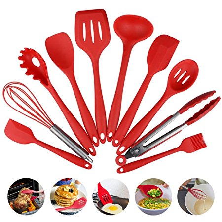 10pcs / set Heat-Resistant Silicone Kitchenware,Silicone Cooking & Baking Tool Sets Spatula Tongs Ladle Gadget（Red）
