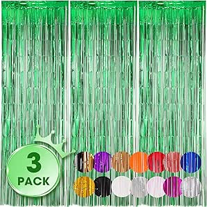 3 Pack 3.3x8.2 Feet Green Foil Fringe Backdrop Curtains, Tinsel Streamers Birthday Party Decorations, Fringe Backdrop for Graduation, Baby Shower, Gender Reveal, Disco Party