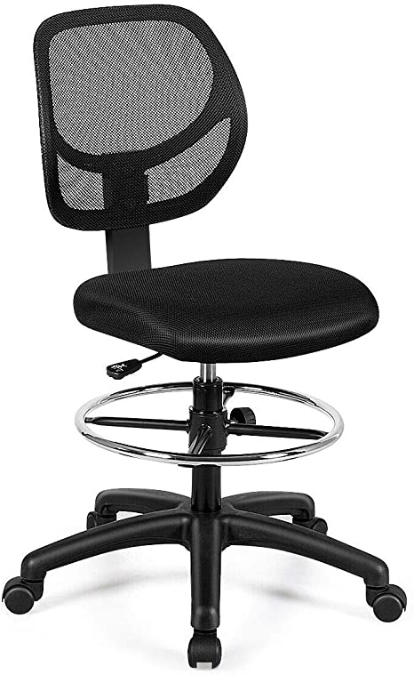 Giantex Mesh Drafting Chair, Mid Back Adjustable Height Chair for Standing Desk, Ergonomic Computer Swivel Chair with Footrest Ring, Home Sturdy Office Furniture, Black