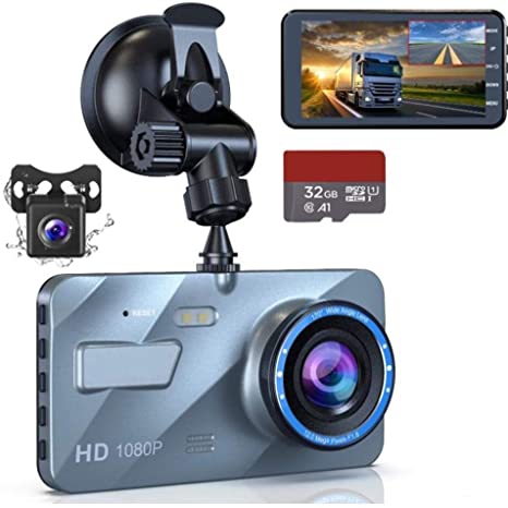 navor Dual Lens Dash Cam Front and Rear 1080P Night Vision Waterproof Backup Camera, 4" IPS LCD Vehicle DVR Recorder Supports 32GB SD Card (Included)