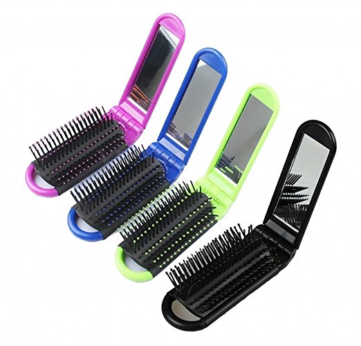 LOUISE MAELYS 4pcs Colorful Portable Folding Hair Brush with Mirror Compact Pocket Hair Comb for Travel Gift Idea