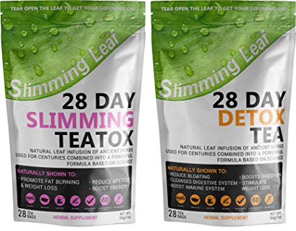Slimming Leaf 28 Day Package - Morning Weight Loss Tea and Evening Detox Tea - Trim Excess Weight - Lower Blood Pressure - Digestive Discomfort Relief - Boost Mood - 90 Money Back Guarantee(Package)
