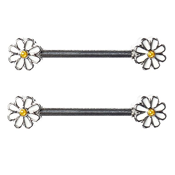 BODYA pair cute double enamel Spring Daisy Flower Nipple Barbell Ring piercing bar stainless steel 14g