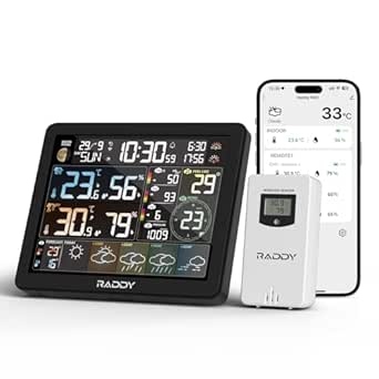 Raddy N80 Smart Wi-Fi Weather Station with APP Control, Indoor Outdoor Thermometer Wireless with 8 Inch Large Display, Sunset/Sunrise Time, PM2.5/AQI, UV Index, 4 Alarm Clock