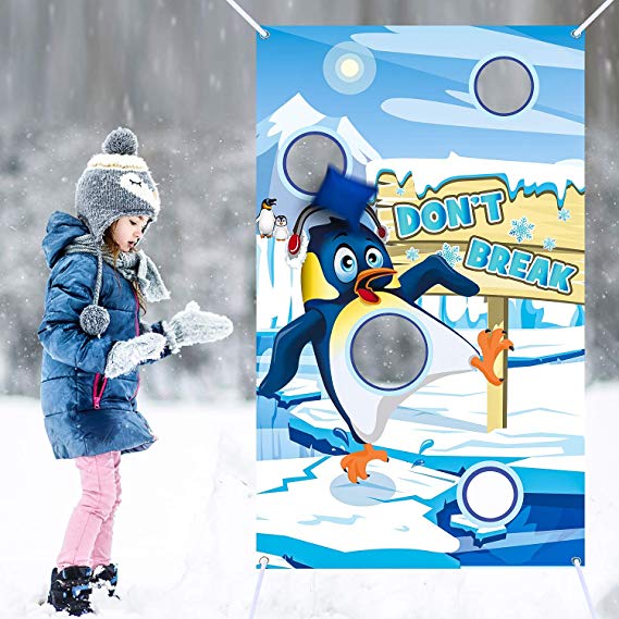 Penguin Bean Bag Toss Games with 3 Bean Bags Penguin Party Games Don’t Break Pack and Winter Wall Decoration for Family Break Ice Winter Snow Party Favor Supplies (Blue Penguin)