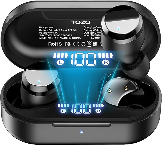 TOZO Tonal Dots Wireless Earbuds Bluetooth 5.3 Headphones Built-in ENC Noise Cancelling Mic, 55H Playtime LED Digital Display with Wireless Charging Case, App Control Immersive Premium Sound Black