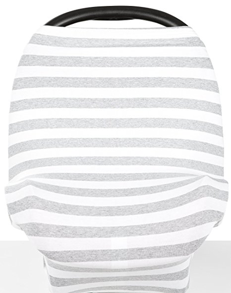 Premium Stretchy Baby Car Seat Cover Canopy 3-in-1 Multi Use Nursing Cover, Extremely BREATHABLE & SOFT, Unisex Grey and White Design