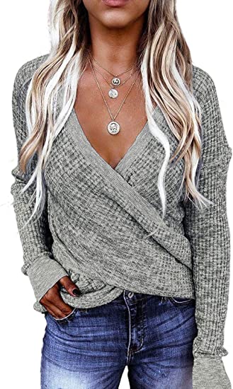 Dokotoo Womens Winter Deep V Neck Wrap Long Sleeve Chunky Cable Knit Jumper Pullover Sweaters