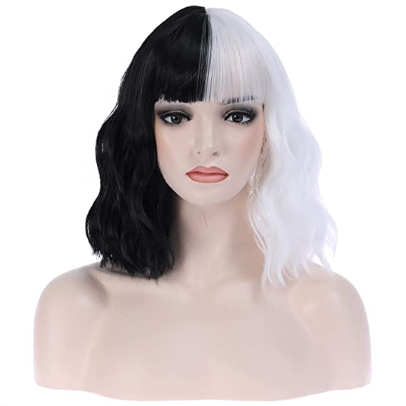 BERON Black and White Short Wigs Curly Bob Wig with Bangs Wavy Hair Wigs 14 Inches Women's Synthetic Wigs Daily Party Use