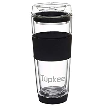 Tupkee Double Wall Glass Tumbler - Insulated Tea/Coffee Mug & Lid, Hand Blown Glass, 14-Ounce, Black