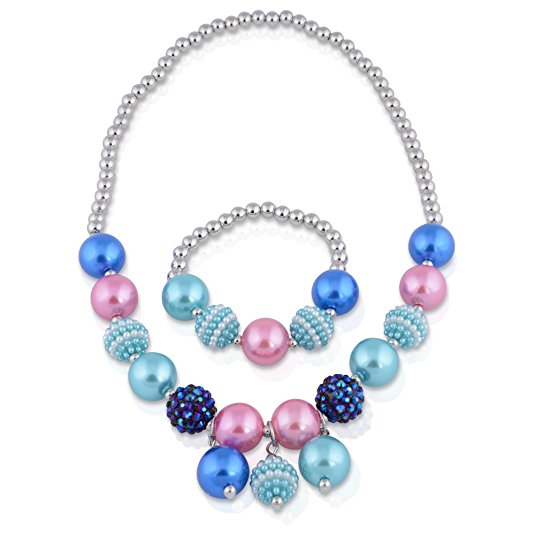 SmitCo LLC Jewelry For Little Girls, Blue Stretch Play Necklace and Bracelet Set For Kids/Toddlers