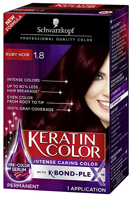Schwarzkopf Keratin Color Permanent Hair Color Cream, 1.8 Ruby Noir (Packaging May Vary), Pack of 1