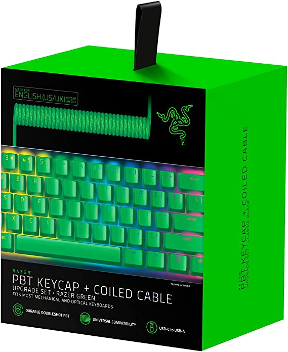 Razer PBT Keycap   Coiled Cable Upgrade Set: Durable Doubleshot PBT - Universal Compatibility - Keycap Removal Tool & Stabilizers - Tactically Coiled & Designed - Braided Fiber Cable - Green