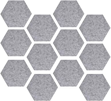 Navaris Hexagon Felt Board Tiles - Set of 12 Notice Memo Bulletin Boards with Push Pins Pack with Double-Sided Tape 5.9 x 6.7 inches - Light Gray