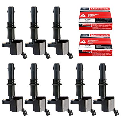 Set of 8 Motorcraft SP515 SP546 Spark Plugs and 8 Straight Boot Ignition Coils DG511 for Ford Lincoln Mercury V8 V10 4.6l 5.4l 6.8l Compatible with 3L3E12A366CA 5C1584 C1541 FD-508 UF-537 DQ50101D