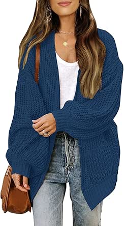 MEROKEETY Women's Fall Open Front Long Lantern Sleeve Cardigan Oversized Chunky Outwear with Pocket